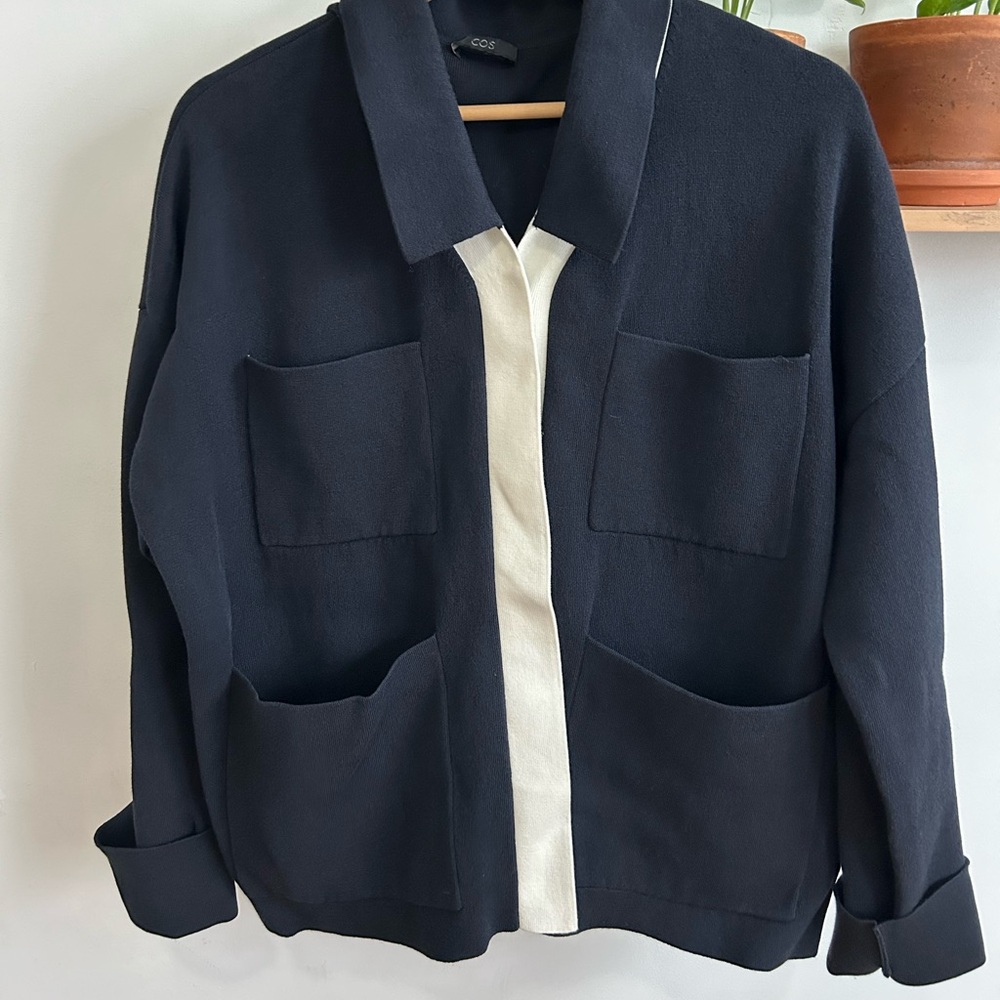 Navy and White COS Cotton Blend Cardigan Jacket - L/XL